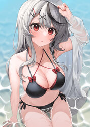  absurdres bare_shoulders bikini black_bikini black_hair blush braid breasts cleavage cowboy_shot female grey_hair hair_ornament hairclip highres hololive large_breasts long_hair looking_at_viewer multicolored_hair nikahoshikuzu red_eyes sakamata_chloe see-through solo streaked_hair swimsuit virtual_youtuber x_hair_ornament 