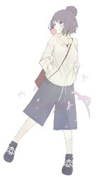  bag blurry chewing_gum commentary_request facial_mark fate/grand_order fate_(series) female full_body hair_bun handbag hands_in_pockets heart hood hoodie katsushika_hokusai_(fate) katsushika_hokusai_(traveling_outfit)_(fate) mknongr purple_eyes purple_hair shorts single_hair_bun solo 