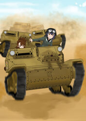  2girls amaretto_(girls_und_panzer) anzio_(emblem) anzio_military_uniform black_hair braid brown_eyes brown_hair carro_veloce_cv-33 caterpillar_tracks cloud commentary_request day desert emblem girls_und_panzer highres military military_vehicle motor_vehicle multiple_girls outdoors pepperoni_(girls_und_panzer) sand short_hair side_braid smile takeuchi_shin tank 