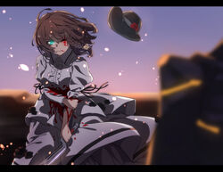  blood blood_from_mouth blood_on_clothes blood_on_face braid brown_hair charlotte_corday_(fate) charlotte_corday_(third_ascension)_(fate) dress fate/grand_order fate_(series) female green_eyes hat holding_own_arm injury juliet_sleeves kagari_liroi knife letterboxed long_sleeves puffy_sleeves solo unworn_hat unworn_headwear wind 