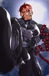  1boy akashi_(alter)_(live_a_hero) bad_id bad_twitter_id bara belt black_belt black_bodysuit bodysuit bulge closed_mouth cross_scar highres kansuke_(kansuke_717) large_pectorals live_a_hero looking_at_viewer male_focus muscular muscular_male night night_sky outdoors pectorals red_eyes red_hair scar scar_on_face short_hair sky solo superhero_costume 