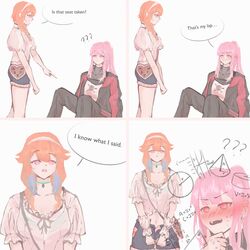  2girls :t ? ?? absurdres blush breasts english_text highres hololive hololive_english long_hair math math_lady_(meme) meme mori_calliope mori_calliope_(streetwear) multiple_girls orange_hair pink_hair pointing sevfen sitting speech_bubble standing takanashi_kiara takanashi_kiara_(casual) teeth trigonometry upper_teeth_only virtual_youtuber yuri 