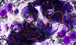  2boys black_hair eyepatch flower flower_over_eye highres looking_at_viewer looking_up lying mahoutsukai_no_yakusoku male_focus multiple_boys pale_skin purple_flower purple_rose rose siblings snow_(mahoutsukai_no_yakusoku) twins user_ccq0007 water white_(mahoutsukai_no_yakusoku) yellow_eyes 