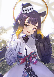  bad_id bad_pixiv_id black_gloves blunt_bangs bow bowtie female gloves gradient_hair halo hat highres hololive hololive_english long_hair looking_at_viewer low_twintails mole mole_under_eye multicolored_hair ninomae_ina&#039;nis ninomae_ina&#039;nis_(party_dress) official_alternate_hairstyle pointy_ears purple_eyes purple_hair ranyu sidelocks solo tentacle_hair twintails very_long_hair virtual_youtuber white_gloves 