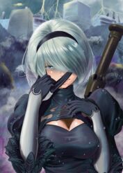  2b_(nier:automata) absurdres aburaeoyaji black_blindfold black_dress black_hairband blindfold blindfold_pull blue_eyes breasts cleavage cleavage_cutout clothing_cutout dress feather-trimmed_sleeves feather_trim female gloves grey_hair hair_over_one_eye hairband hands_up highres juliet_sleeves large_breasts lightning lips long_bangs long_sleeves looking_at_viewer medium_hair mole mole_under_mouth nier:automata nier_(series) outdoors parted_lips puffy_sleeves pulling_own_clothes rain seductive_smile smile solo storm turtleneck upper_body wet wet_clothes 