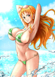  armpits arms_up bikini blue_sky breasts cleavage cloud cloudy_sky cowboy_shot day earrings eyewear_on_head female green_bikini huge_breasts jewelry large_breasts long_hair looking_at_viewer minpei_ichigo nami_(one_piece) navel necklace ocean one_piece orange_eyes orange_hair outdoors sky solo stomach sunglasses swimsuit water 