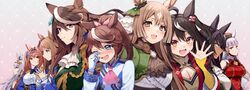  6+girls :d ;d absurdres ahoge aiguillette animal_ears antenna_hair ascot black_hair blue_bow blue_bowtie blue_eyes blue_jacket blunt_bangs blush bow bowtie breasts brown_ascot brown_eyes brown_hair brown_headwear buttons center_frills cleavage commentary cropped_jacket crying daiwa_scarlet_(umamusume) dark-skinned_female dark_skin double-breasted dress ear_ornament earrings epaulettes framed_breasts frilled_shirt frills gloves gold_ship_(umamusume) gold_trim grass_wonder_(umamusume) green_jacket grey_hair gum_(vivid_garden) hair_intakes hair_ornament hairband hairbow half_updo high_ponytail highres horse_ears horse_girl jacket jewelry juliet_sleeves kitasan_black_(umamusume) large_breasts long_hair long_sleeves looking_at_viewer looking_to_the_side multicolored_clothes multicolored_hair multicolored_jacket multiple_girls oerba_yun_fang oguri_cap_(umamusume) one_eye_closed pillbox_hat pink_ascot pink_bow puffy_sleeves purple_eyes red_dress red_eyes satono_diamond_(umamusume) shirt single_earring single_epaulette sleeveless sleeveless_dress smile streaked_hair symboli_kris_s_(umamusume) symboli_rudolf_(umamusume) tiara tokai_teio_(umamusume) trait_connection twintails two-tone_hair two-tone_jacket umamusume underbust upper_body very_long_hair white_ascot white_gloves white_hair white_jacket white_shirt 