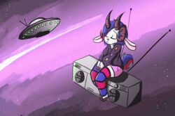  3:2 ambiguous_gender android anthro boombox bottomwear bovid caprine clothing cybernetics domestic_sheep flying_saucer hi_res hoodie horn hotpants jacob_sheep leg_warmers legwear machine mammal rivit_(riv) robot sheep shorts solo thekitsunegamer topwear ufo 