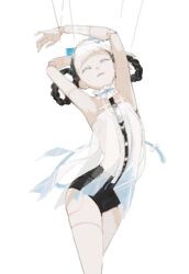  absurdres acid_(t566cs7a) aqua_eyes arms_up ballerina ballet bambinata:_vitrum_(punishing:_gray_raven) bambinata_(punishing:_gray_raven) black_leotard black_shorts blue_bow blue_eyes blunt_bangs bow braided_hair_rings chinese_commentary choker closed_eyes commentary dancing doll_joints female flat_chest frilled_choker frills hair_ornament hair_rings half-closed_eyes heart heart_hair_ornament highres joints leotard marionette mechanical_parts multicolored_hair punishing:_gray_raven puppet puppet_strings shirt shorts simple_background sleeveless solo two-tone_hair white_background white_hair white_shirt 