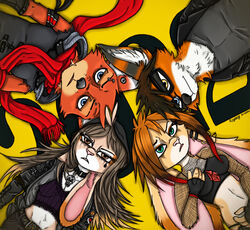  4_fingers anthro ara_caelum_(aralyre) bad_guy_cafe blue_eyes brown_body brown_eyes brown_fur brown_hair canid canine ear_piercing eyewear facial_piercing female fingers fox fur glasses group hair heterochromia hood hybrid kiroyal_codjerva_(kiroyal) lagomorph leporid male mammal ocerydia_zoona orange_body orange_fur piercing rabbit red_hair red_scarf scarf tan_body tan_fur yellow_eyes ziegelzeig ziegelzeig_zoona 