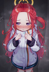  blue_archive blush clenched_hands commentary_request embarrassed female forehead halo highres in_locker jacket kamuchin_soda locker looking_at_viewer pov purple_hair red_hair school_uniform solo sweat twitter_username yuzu_(blue_archive) 