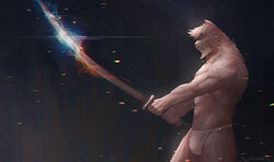  1boy abs animal_ears bakemono_no_ko bara bear_boy bear_ears beard brown_fur brown_hair bulge closed_eyes facial_hair feet_out_of_frame fighting_stance from_side furry furry_male katana kumatetsu loincloth male_focus mature_male muscular muscular_male pectorals photoshop_(medium) short_hair solo stomach sword thick_eyebrows thick_thighs thighs topless_male underwear underwear_only vian weapon 