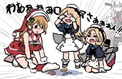  &gt;_&lt; 4girls abyssal_ship aircraft_carrier_princess all_fours alternate_costume black_neckwear blonde_hair blue_sailor_collar brown_eyes brown_hair character_name closed_eyes commentary crying dress emphasis_lines gloves hat janus_(kancolle) jervis_(kancolle) kantai_collection littorio_(kancolle) long_hair machinery multiple_girls off-shoulder_dress off_shoulder parted_bangs ponytail puddle red_dress sailor_collar sailor_dress sailor_hat santa_hat scarf short_hair short_sleeves solid_oval_eyes standing striped_clothes striped_scarf tears terrajin the_roma-like_snowman translated unworn_eyewear wavy_hair white_dress white_gloves white_headwear 