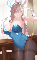  animal_ears arms_up asuna_(blue_archive) asuna_(bunny)_(blue_archive) blonde_hair blue_archive blue_leotard breasts brown_pantyhose cleavage fake_animal_ears female gloves grin hair_over_one_eye halo highres large_breasts leotard long_hair looking_at_viewer nannann official_alternate_costume pantyhose playboy_bunny poker_chip rabbit_ears rabbit_tail smile solo strapless strapless_leotard table tail thighband_pantyhose white_gloves 