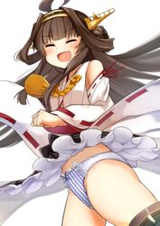  ahoge bare_shoulders black_skirt blush bow bow_panties brown_hair closed_eyes clothes_lift cowboy_shot detached_sleeves double_bun female hair_bun hairband headgear highres japanese_clothes kantai_collection kongou_(kancolle) long_hair nontraditional_miko open_mouth panties ribbon-trimmed_sleeves ribbon_trim simple_background skirt skirt_lift smile solo striped_clothes striped_panties underwear vertical-striped_clothes vertical-striped_panties white_background white_sleeves wide_sleeves wind wind_lift yotubawatane 