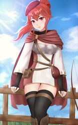  absurdres anna_(fire_emblem) belt belt_pouch beret black_gloves black_thighhighs blue_sky blush bow_(weapon) brown_belt cape commentary day dress elbow_gloves english_commentary female fingerless_gloves fire_emblem fire_emblem_warriors floating_hair gloves hair_between_eyes hat highres lips long_hair long_sleeves looking_at_viewer outdoors parted_lips pink_lips ponytail pouch red_cape red_eyes red_hair red_hat sidelocks sky sleeptopi solo sunlight thighhighs weapon white_dress zettai_ryouiki 