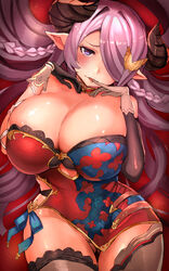  black_panties braid breast_press breasts butterfly_hair_ornament china_dress chinese_clothes cleavage cleavage_cutout clothing_cutout detached_sleeves draph dress female frilled_thighhighs frills gloves granblue_fantasy hair_ornament hair_over_one_eye heart heart-shaped_pupils hei_(heiyohei) highres horns large_breasts long_hair lying narmaya_(granblue_fantasy) on_back panties pink_hair short_dress solo symbol-shaped_pupils thigh_strap thighhighs underwear 