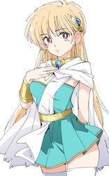  blonde_hair bright_pupils cape commentary dragon_quest dragon_quest_dai_no_daibouken dress female green_dress hair_ornament ixy long_hair looking_at_viewer princess_leona red_eyes simple_background solo thighhighs vambraces white_background white_cape white_pupils white_thighhighs zettai_ryouiki 