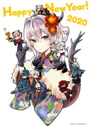  2020 4boys 6+girls :d ;) absurdres alina_(arknights) alugard animal_ears antenna_hair antlers arknights bear_ears black_coat black_gloves black_kimono blue_eyes blue_hair blue_kimono blue_scarf brown_eyes brown_hair chibi closed_mouth coat crownslayer_(arknights) demon_horns dragon_girl dragon_horns dragon_tail faust_(arknights) floral_print frostnova_(arknights) fur_collar fur_shawl gloves green_eyes grey_hair hair_between_eyes hair_ornament hairclip happy_new_year highres holding hood hooded_coat horns japanese_clothes kimono long_hair long_sleeves looking_at_viewer mask mephisto_(arknights) misha_(arknights) mouth_mask multicolored_hair multiple_boys multiple_girls new_year one_eye_closed orange_eyes patriot_(arknights) pink_hair pointing pointy_ears print_kimono purple_eyes rabbit_ears red_eyes red_hair red_kimono scarf shawl short_hair simple_background sitting skull skullshatterer_(arknights) smile snowflakes star_(symbol) tail talulah_(arknights) twitter_username two-tone_hair upper_body w_(arknights) white_background white_hair white_kimono wide_sleeves wolf_ears wolf_girl wolf_tail yellow_eyes yukata 