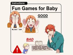  2boys annette_fantine_dominic baby baby_instructions_101_(meme) blonde_hair blue_shirt blush board_game chess chess_clock chess_piece chessboard collared_shirt commentary covering_face dated english_commentary english_text female fire_emblem fire_emblem:_three_houses grey_background head_rest how_to long_sleeves looking_at_viewer meme multiple_boys multiple_views open_mouth orange_hair palms peekaboo red_hair shirt short_hair sign simple_background smile sylvain_jose_gautier twitter_username warning_sign z_hard 