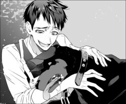  1boy :d bad_id bad_pixiv_id batman_(series) canine collar dc_comics freckles gotham_(series) greyscale heavy_breathing male_focus messy_hair monochrome open_mouth oswald_chesterfield_cobblepot shirt smile too_mizuguchi upper_body 