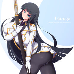  aiguillette anniversary black_hair black_pantyhose blue_eyes blue_neckwear blunt_bangs blush breasts character_name epaulettes female gloves highres holding holding_sword holding_weapon huge_breasts ikaruga_(senran_kagura) long_hair looking_at_viewer military military_uniform ootachi pantyhose parted_lips ponponmaru senran_kagura solo sword uniform weapon white_gloves 