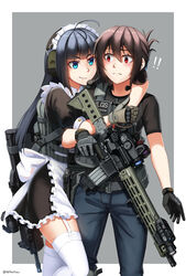  ! !! &gt;:) 2girls absurdres ahoge apron arm_around_neck assault_rifle black_dress black_gloves black_hair black_shirt blue_eyes blue_pants brown_gloves brown_hair bullpup closed_mouth commentary dated_commentary denim dress dual_sights ear_protection eye_contact flashlight fn_f2000 folded_ponytail frilled_apron frills garter_straps gloves grey_background gun hair_between_eyes headset highres holding holding_gun holding_weapon hybrid_sight jeans juliet_lin laser_sight load_bearing_vest long_hair looking_at_another lr-300 maid maid_headdress multiple_girls ndtwofives original pants puffy_short_sleeves puffy_sleeves red_eyes rifle scope shirt short_sleeves smile surprised suzuya_tang tactical_clothes thighhighs throat_microphone trigger_discipline two-tone_background v-shaped_eyebrows very_long_hair weapon weapon_on_back white_apron white_background white_legwear 