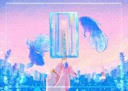  1other blurry bokeh cityscape commentary crescent_moon depth_of_field fish floating food goldfish hands highres holding jewelry moon nail_art nail_polish night night_sky original out_of_frame popsicle popsicle_stick ring scenery sky skyline translated transparent wacca005 water_drop 