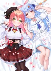  2girls 35p_(sakura_miko) ahoge animal_ears bad_id bad_pixiv_id bell belt blue_hair blue_neckerchief blue_ribbon blush breasts brown_thighhighs carrot_hair_ornament choker closed_mouth collared_shirt corset flower food-themed_hair_ornament frilled_skirt frilled_sleeves frills glasses green_eyes hair_between_eyes hair_flower hair_ornament hair_ribbon hat highres hololive jingle_bell large_breasts long_hair long_sleeves lying multiple_girls neck_bell neckerchief official_alternate_costume on_back on_bed petals pink_flower pink_hair plaid plaid_skirt puffy_long_sleeves puffy_sleeves rabbit-shaped_eyewear rabbit_ears red_eyes red_skirt ribbon sakura_miko sakura_miko_(casual) semi-rimless_eyewear shirt short_sleeves skirt sleeves_past_wrists smile socks sunglasses thick_eyebrows thighhighs tomozu unworn_eyewear usada_pekora usada_pekora_(casual) virtual_youtuber white_belt white_choker white_shirt white_skirt white_socks 