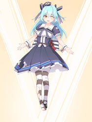  blue_hair dated_commentary dress female flare_gun full_body hair_ribbon hat highres last_origin light_blue_hair long_hair looking_at_viewer lrl_(last_origin) mary_janes nabiyan open_mouth pantyhose ribbon sailor_dress shoes short_sleeves single_shoe smile solo striped_clothes striped_pantyhose torn_clothes torn_dress torn_pantyhose two_side_up wrist_cuffs yellow_eyes 