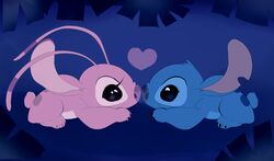  2013 alien angel_(lilo_and_stitch) antennae_(anatomy) back_markings black_kitty blue_background blue_body blue_claws blue_eyes blue_nose claws digital_drawing_(artwork) digital_media_(artwork) disney experiment_(lilo_and_stitch) eye_contact eyelashes head_tuft heart_symbol lilo_and_stitch looking_at_another lying markings multicolored_antennae notched_ear on_front purple_claws purple_eyes purple_nose simple_background small_tail stitch_(lilo_and_stitch) tail toe_claws tuft two_tone_antennae 