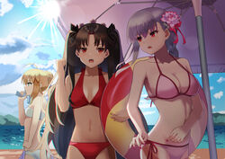  3girls absurdres ahoge alternate_costume artoria_pendragon_(fate) artoria_pendragon_(swimsuit_archer)_(fate) beach bikini black_hair black_ribbon blonde_hair blue_sky braid braided_ponytail breasts cleavage cloud commentary_request day fate/grand_order fate_(series) flower french_braid hair_flower hair_ornament hand_on_own_hip highres holding holding_weapon ishtar_(fate) kama_(fate) large_breasts long_hair looking_at_another lotus medium_breasts motukan multiple_girls navel official_alternate_costume outdoors parasol pink_bikini pink_flower pink_nails red_bikini ribbon sand short_hair sky small_breasts stomach sunlight swimsuit two_side_up umbrella very_long_hair water water_gun weapon white_bikini white_hair 