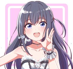  :d black_hair blue_eyes blush dress female fuusuke_(fusuke208) gem highres idol idoly_pride long_hair looking_at_viewer nagase_mana open_mouth smile solo twitter_username upper_body 