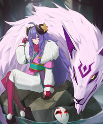  absurdres ahoge alternate_eye_color blue_hair blush braid curled_horns female flower fur_(clothing) hair_between_eyes hair_flower hair_ornament highres horns huingae_(njun0) japanese_clothes kindred_(league_of_legends) lamb_(league_of_legends) league_of_legends long_hair mask no_mask official_alternate_costume official_alternate_hairstyle outdoors purple_hair ribbon side_braid sitting smile spirit_blossom_(league_of_legends) spirit_blossom_kindred tree twin_braids unworn_mask water white_fur 