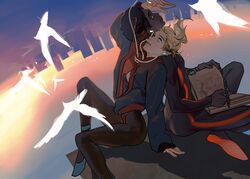  1boy absurdres back-to-back bird blonde_hair blue_eyes bodysuit borrowed_clothes dark-skinned_male dark_skin earphones female gwen_stacy head_back highres marvel miles_morales realsilentsheep shared_earphones sitting smile spider-gwen spider-man:_across_the_spider-verse spider-man_(miles_morales) spider-man_(series) spider-verse upside-down very_dark_skin 