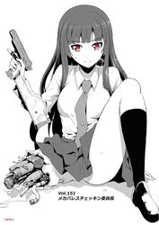  amputee android arm_support ass_visible_through_thighs blunt_bangs breasts breath broken collared_shirt female fingernails full_body greyscale gun handgun highres holding holding_gun holding_weapon injury knee_up kneehighs loafers long_hair looking_at_viewer mechanical_parts medium_breasts miniskirt missing_limb monochrome necktie number10_(hagakure) original red_eyes school_uniform shirt shoes signature simple_background sitting skirt smile socks solo spot_color stechkin_aps sweat tie_clip trigger_discipline weapon white_background 