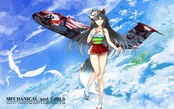  aircraft airplane animal_ears bird black_hair blue_eyes breasts c-1 female fox_ears fox_girl fox_mask fox_tail hakama hakama_short_skirt hakama_skirt highres japanese_clothes long_hair mask mask_on_head medium_breasts nontraditional_miko original red_hakama sandals skirt socks solo soranokakera01 tabi tail white_socks zouri 