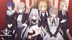  6+girls alternate_costume apron aqua_eyes ascot black-framed_eyewear black_bow black_bowtie black_dress black_ribbon black_suit black_vest blonde_hair blue_hair bow bowtie braid cartonbox_(zhixiang_zhi) character_request closed_eyes dress enmaided essex_(warship_girls_r) formal french_braid glasses gloves green_eyes grey_hair hair_intakes hair_over_one_eye hancock_(warship_girls_r) highres lexington_(cv-16)_(warship_girls_r) long_hair long_sleeves maid maid_apron maid_headdress multiple_girls neck_ribbon necktie ponytail puffy_long_sleeves puffy_sleeves red_bow red_bowtie red_eyes red_necktie ribbon shirt short_hair sleeveless sleeveless_dress suit ticonderoga_(warship_girls_r) traditional_bowtie two_side_up vest warship_girls_r white_apron white_ascot white_gloves white_hair white_shirt yellow_eyes 