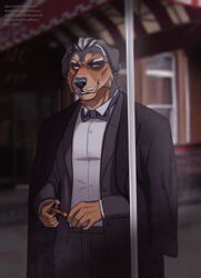  2022 anthro artist_name black_bottomwear black_clothing black_pants blurred_background bottomwear bow_tie brown_body brown_eyes brown_fur canid canine canis cheek_tuft cigar clothed clothing dated demireality domestic_dog eyebrows facial_tuft floppy_ears front_view fur glistening glistening_eyes glistening_nose grey_body grey_bow_tie grey_ears grey_eyebrows grey_fur grey_hair grey_nose hair hi_res holding_cigar holding_object male mammal multicolored_hair pants smile solo standing topwear tuft two_tone_hair white_clothing white_eyebrows white_hair white_topwear 