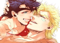  2boys alternate_facial_hair battle_tendency black_hair blonde_hair blue_eyes caesar_anthonio_zeppeli close-up facial_hair facial_mark green_eyes grin jojo_no_kimyou_na_bouken joseph_joestar joseph_joestar_(young) male_focus multiple_boys noses_touching pectoral_cleavage pectorals purple_hair s_gentian smile stubble sweater thick_eyebrows yaoi 