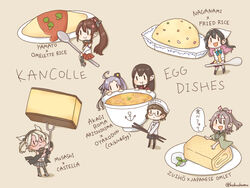  6+girls :&lt; akagi_(kancolle) akitsushima_(kancolle) apron black_hair bowl brown_background brown_hair character_name chibi closed_mouth dark-skinned_female dark_skin dress flower food fork fried_rice glasses grey_skirt hair_flower hair_ornament hair_ribbon hat headband headdress headgear holding japanese_clothes kamoku_nagi kantai_collection long_hair multicolored_hair multiple_girls musashi_(kancolle) musashi_kai_(kancolle) naganami_(kancolle) omelet omurice open_mouth oyakodon_(food) pink_hair plate ponytail purple_hair ribbon rice roma_(kancolle) saliva side_ponytail simple_background skirt smile spoon twintails twitter_username yamato_(kancolle) zuihou_(kancolle) zuihou_kai_ni_(kancolle) 