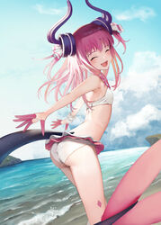  :d ^_^ ass bikini blush closed_eyes cloud cloudy_sky commentary_request day dragon_girl dragon_horns dragon_tail elizabeth_bathory_(beach_bloody_demoness)_(fate) elizabeth_bathory_(fate) elizabeth_bathory_(fate/extra_ccc) facing_viewer fate/extra fate_(series) female flat_chest horns leaning_forward long_hair ocean official_alternate_costume open_mouth outdoors outstretched_arms partial_commentary pink_hair pointy_ears scrunchie sky smile solo standing sunga2usagi swimsuit tail water white_bikini wrist_scrunchie 