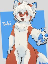  4_fingers anthro blush blush_lines canid claws extended_arm eyebrow_through_hair eyebrows featureless_chest featureless_crotch fingers gloves_(marking) hair hand_on_hip hi_res jinbuuck male mammal markings navel nude open_mouth paws pointy_ears simple_background solo tail tongue translucent translucent_hair 