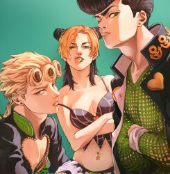  2boys :p anchor_ornament black_hair black_jacket black_tank_top blonde_hair braid breasts bug bun_with_braided_base cleavage cone_hair_bun crop_top diamond_wa_kudakenai double_bun earrings female fishnet_top fishnets gakuran giorno_giovanna green_background green_eyes green_lips hair_bun higashikata_josuke highres jacket jewelry jojo_no_kimyou_na_bouken kujo_jolyne ladybug ladybug_ornament lipstick looking_at_viewer makeup medium_breasts midriff multicolored_hair multiple_boys navel navel_piercing parted_bangs piercing pompadour school_uniform spider_web_print stone_ocean tank_top togusa_jj tongue tongue_out two-tone_hair vento_aureo victory_rolls 