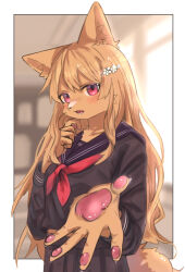  2024 5_fingers absurd_res accessory anthro blush bottomwear canid canine canis clothing digital_drawing_(artwork) digital_media_(artwork) female fingers hair_accessory hairclip hi_res light mametunu mammal necktie paws school school_uniform skirt solo sunlight uniform wolf 