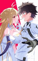  1boy absurdres archetype_earth arcueid_brunestud bare_shoulders black_gloves black_hair blonde_hair blue_eyes breasts cleavage commentary commission cowboy_shot dress english_commentary fate/grand_order fate_(series) female food from_side fujimaru_ritsuka_(male) fujimaru_ritsuka_(male)_(decisive_battle_chaldea_uniform) gloves highres jacket kpaoi large_breasts mouth_hold pocky pocky_kiss red_background red_eyes strapless strapless_dress tsukihime white_background white_jacket 