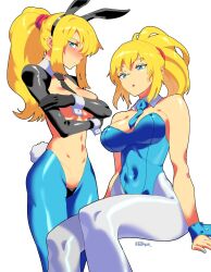  604yue animal_ears bare_shoulders black_necktie black_pasties black_shrug blonde_hair blue_eyes blue_leotard blue_necktie blush breasts closed_mouth collar collared_shrug covered_navel crotchless fake_animal_ears fake_tail female hair_ornament heart_pasties highres large_breasts leotard long_hair looking_at_viewer meme_attire metroid navel necktie nontraditional_playboy_bunny pantyhose pasties playboy_bunny ponytail rabbit_ears rabbit_tail revealing_clothes reverse_bunnysuit reverse_outfit samus_aran shrug_(clothing) simple_background solo stomach tail white_pantyhose wrist_cuffs 