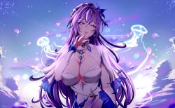  absurdres breasts cantarella_(wuthering_waves) commentary dress earrings female flower hair_between_eyes hair_flower hair_ornament hand_up headdress highres jellyfish jewelry large_breasts long_hair looking_at_viewer parted_lips purple_eyes purple_flower purple_hair rizyznn shrug_(clothing) smile solo upper_body very_long_hair white_dress white_shrug wuthering_waves 