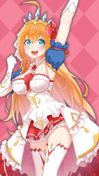  absurdres ahoge arm_up blue_eyes breasts cleavage cowboy_shot detached_sleeves female gloves hair_ribbon highres huge_ahoge kamikili large_breasts long_hair open_mouth orange_hair overskirt pecorine_(princess_connect!) princess_connect! ribbon solo teeth thighhighs tiara upper_teeth_only very_long_hair white_gloves white_thighhighs 