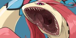  2:1 ambiguous_gender blue_background feral generation_3_pokemon glistening glistening_eyes imperatorcaesar looking_at_viewer marine milotic mouth_shot nintendo open_mouth pokemon pokemon_(species) purple_eyes sharp_teeth simple_background solo teeth yellow_body 